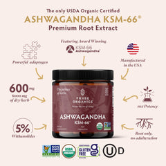 TRIBE ORGANICS jar of Ashwagandha KSM-66 capsules UAE 600 mg premium root extract USDA organic TRIBE ORGANICS jar of Ashwagandha KSM-66 capsules UAE 600 mg premium root extract USDA organic