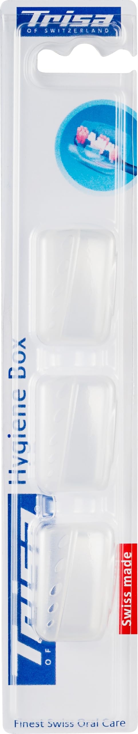 Trisa toothbrush hygiene box pack of 3 white travel cases in clear blister retail packaging Swiss made dental accessory Trisa toothbrush hygiene box pack of 3 white travel cases in clear blister retail packaging Swiss made dental accessory