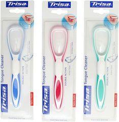 Trisa tongue cleaner packaging showing three double action models in blue pink and green for oral care Trisa tongue cleaner packaging showing three double action models in blue pink and green for oral care