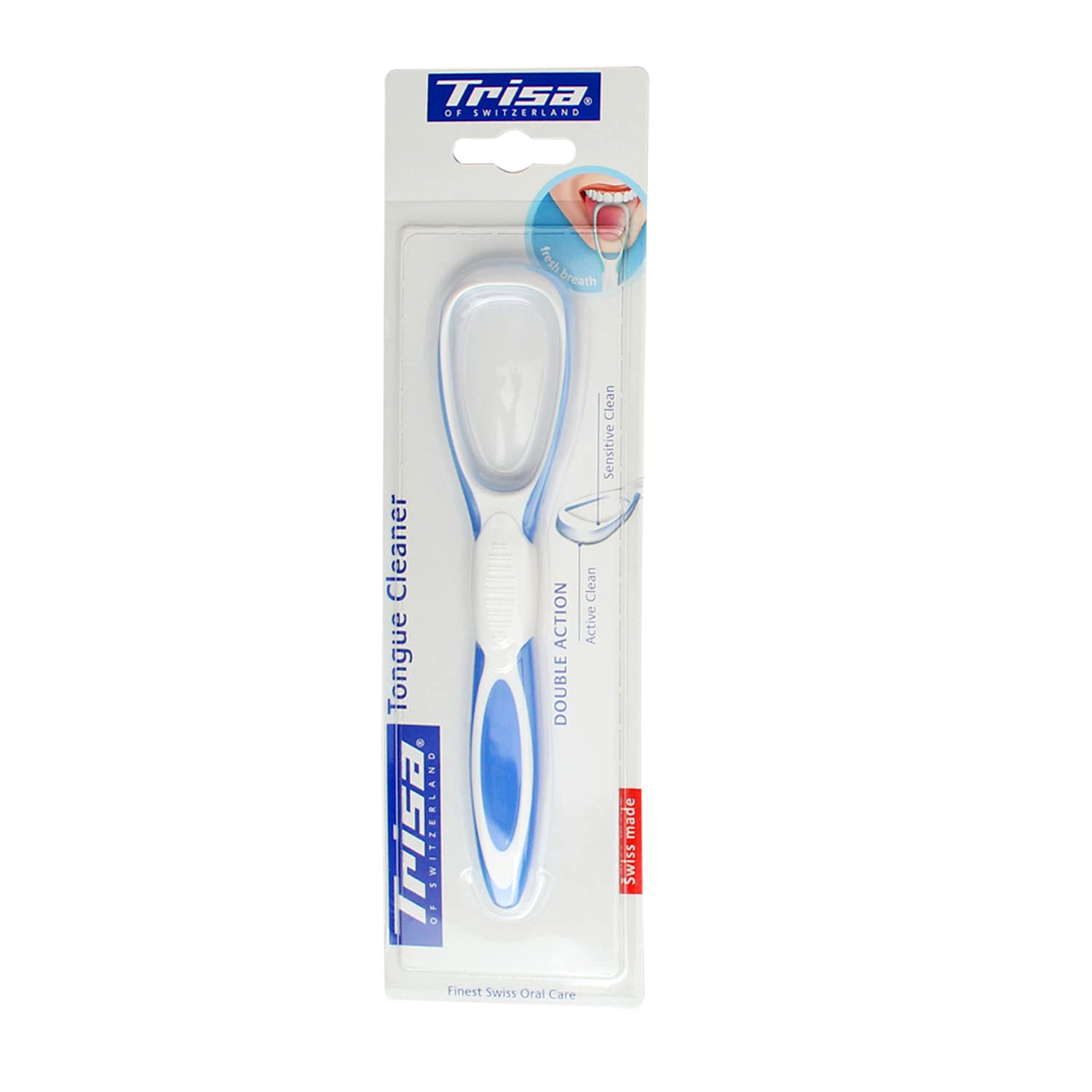 Trisa tongue cleaner white and blue double action ergonomic tongue scraper in retail packaging Trisa tongue cleaner white and blue double action ergonomic tongue scraper in retail packaging