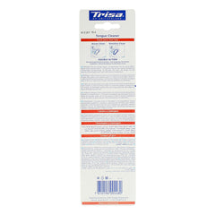 Back of Trisa tongue cleaner packaging showing brand logo usage instructions and barcode on white card Back of Trisa tongue cleaner packaging showing brand logo usage instructions and barcode on white card