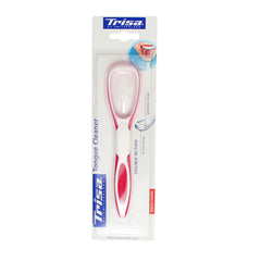 Trisa tongue cleaner white and pink double action tongue scraper in retail packaging with ergonomic handle Trisa tongue cleaner white and pink double action tongue scraper in retail packaging with ergonomic handle