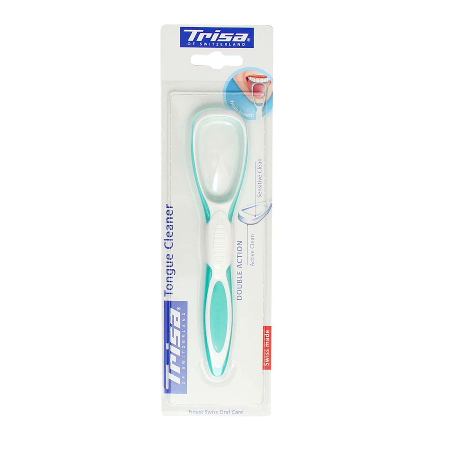 Trisa tongue cleaner in mint and white with double action scraper and brush in blister pack for fresh breath Trisa tongue cleaner in mint and white with double action scraper and brush in blister pack for fresh breath