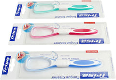 Trisa tongue cleaner pack showing three double action tongue cleaners in teal pink and blue in retail blister packs Trisa tongue cleaner pack showing three double action tongue cleaners in teal pink and blue in retail blister packs