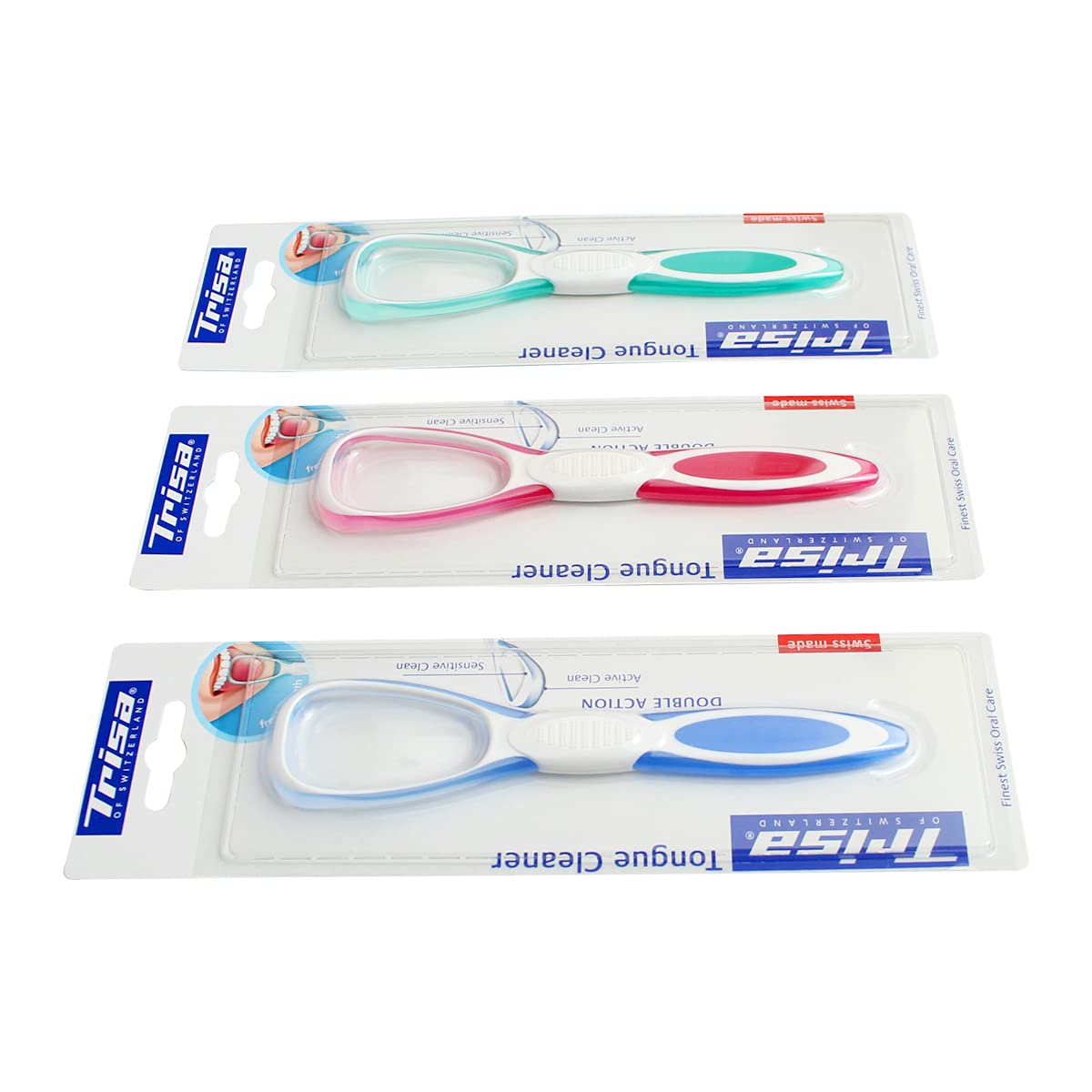 Trisa tongue cleaner pack of three in teal pink and blue with white handles in retail blister packaging Trisa tongue cleaner pack of three in teal pink and blue with white handles in retail blister packaging