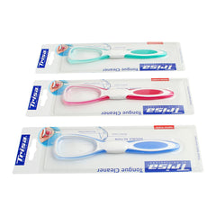 Trisa tongue cleaner pack of three in teal pink and blue with white handles in retail blister packaging Trisa tongue cleaner pack of three in teal pink and blue with white handles in retail blister packaging