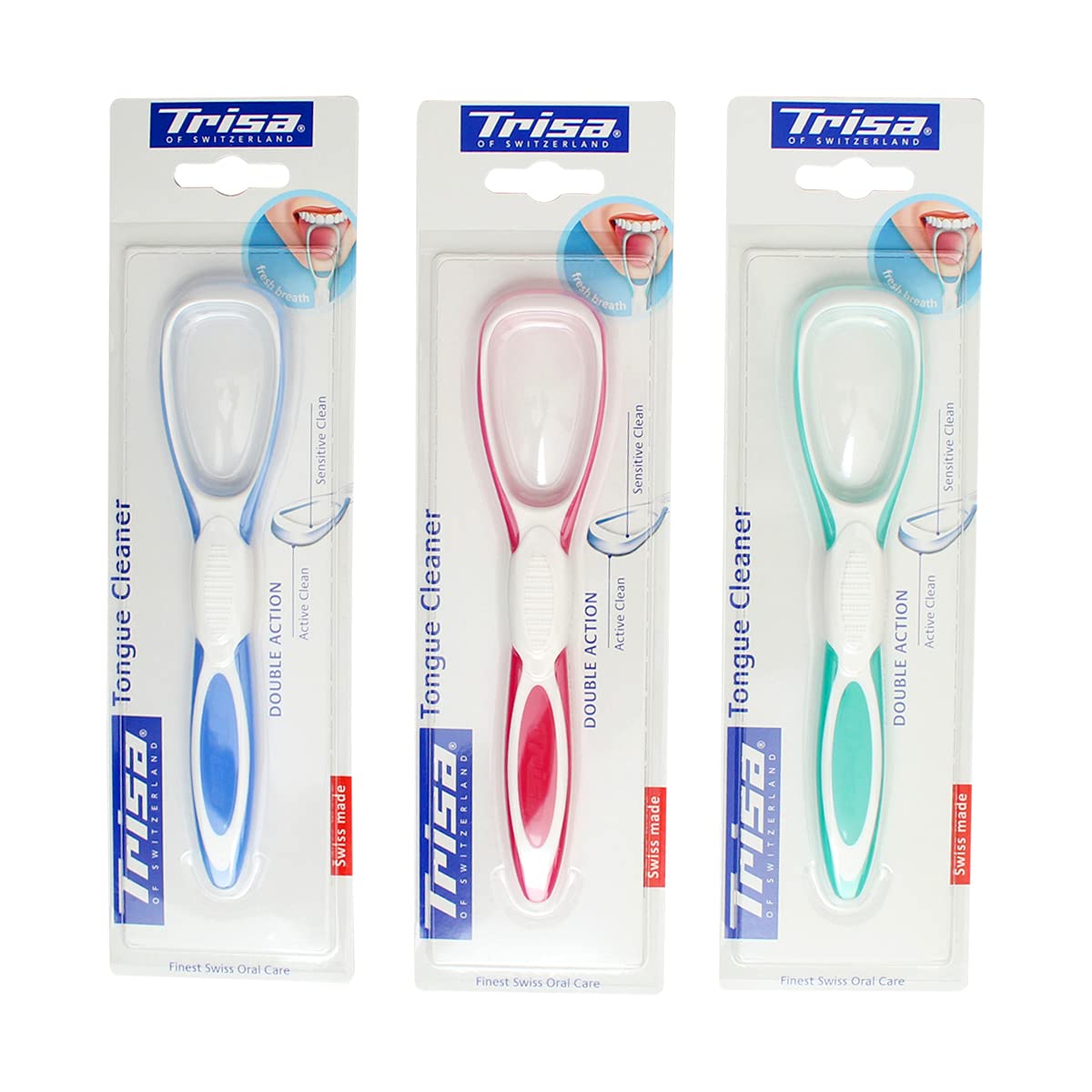 Trisa tongue cleaner pack of three double action tongue scrapers in blue pink and teal in blister packaging Trisa tongue cleaner pack of three double action tongue scrapers in blue pink and teal in blister packaging