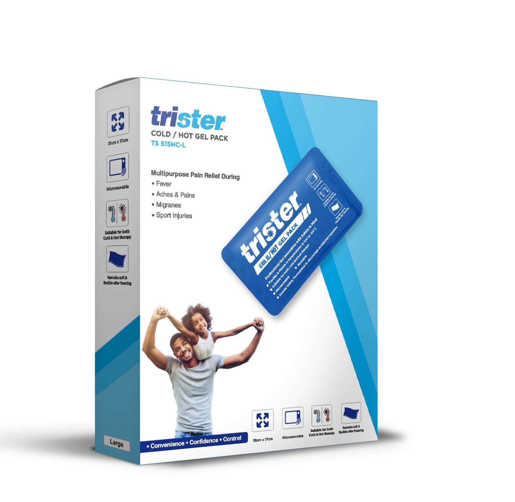 Trister large hot cold gel pack blue reusable ice pack on retail box for pain relief and muscle recovery Trister large hot cold gel pack blue reusable ice pack on retail box for pain relief and muscle recovery