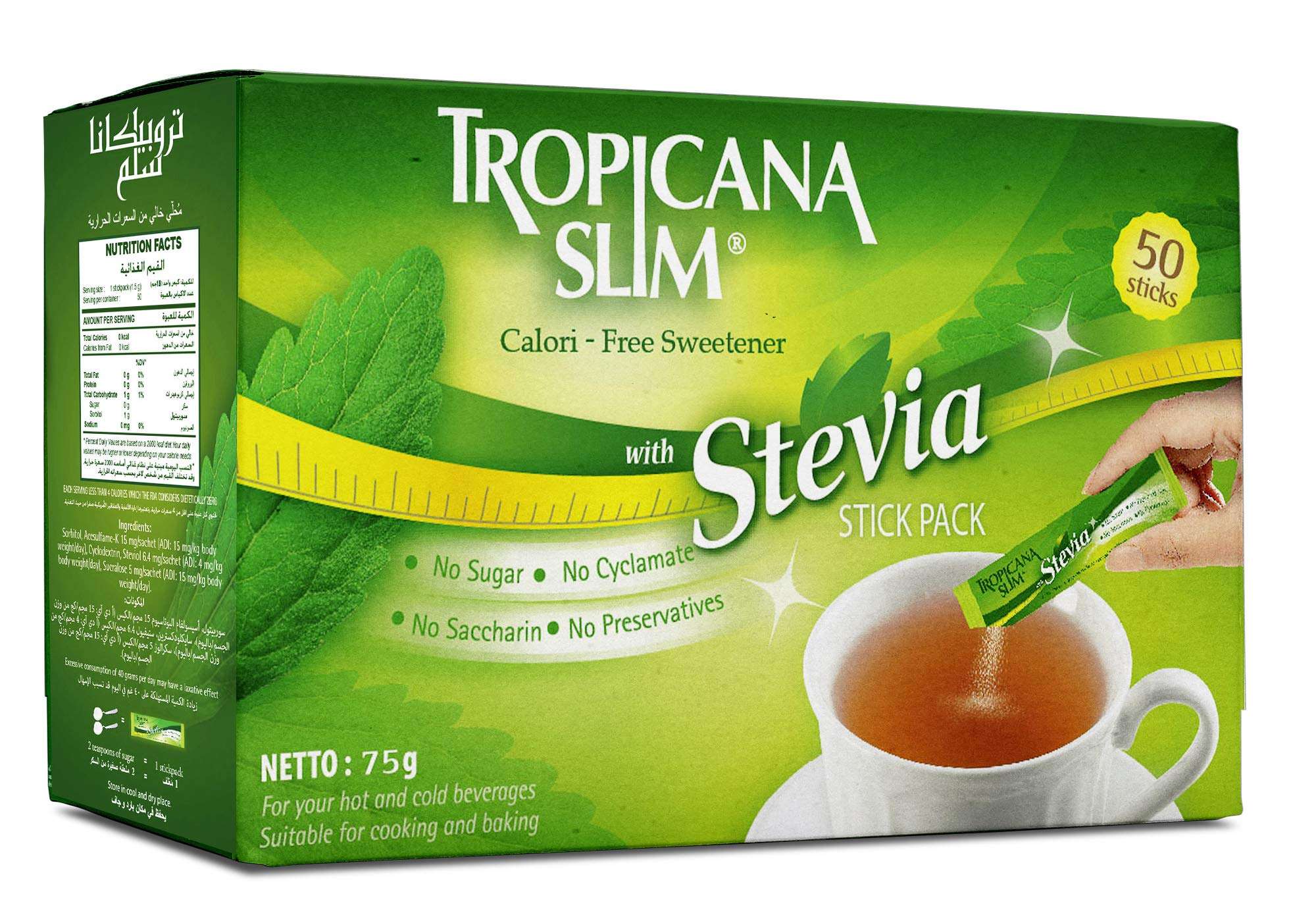 Tropicana Slim Stevia sweetener sticks. Green 50 stick pack box with cup of tea and a hand holding a stick Tropicana Slim Stevia sweetener sticks. Green 50 stick pack box with cup of tea and a hand holding a stick