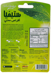Tropicana Slim Stevia Sweetener Tablet green blister pack back view with mint leaf nutrition facts and barcode Tropicana Slim Stevia Sweetener Tablet green blister pack back view with mint leaf nutrition facts and barcode