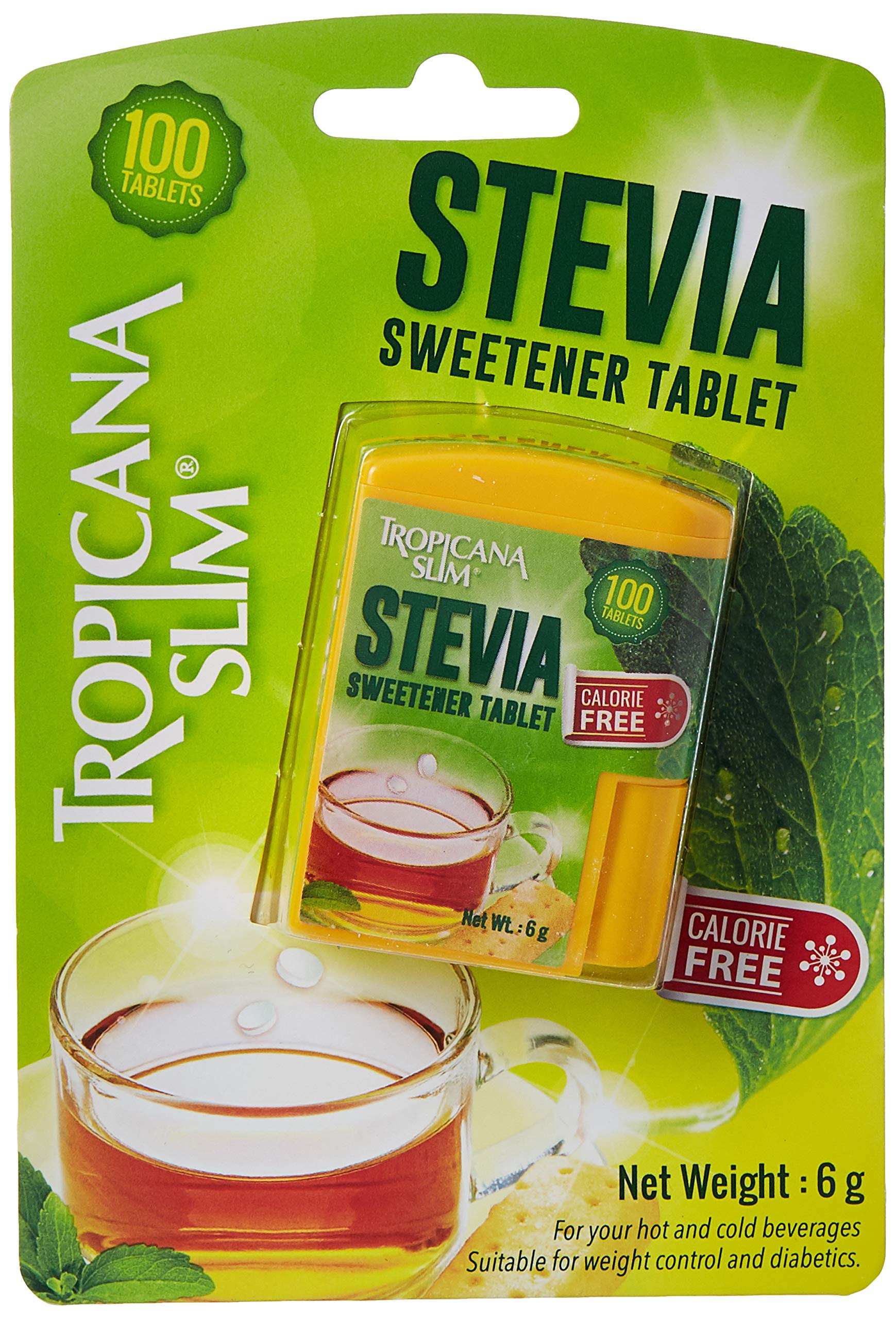 Tropicana Slim Stevia Sweetener Tablet pack with 100 tablets and small jar next to cup of tea Tropicana Slim Stevia Sweetener Tablet pack with 100 tablets and small jar next to cup of tea