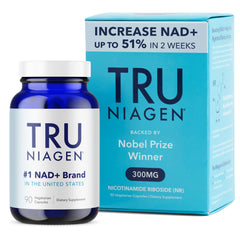 TRU NIAGEN 300mg blue bottle and box of nicotinamide riboside capsules for energy supporting NAD plus levels TRU NIAGEN 300mg blue bottle and box of nicotinamide riboside capsules for energy supporting NAD plus levels