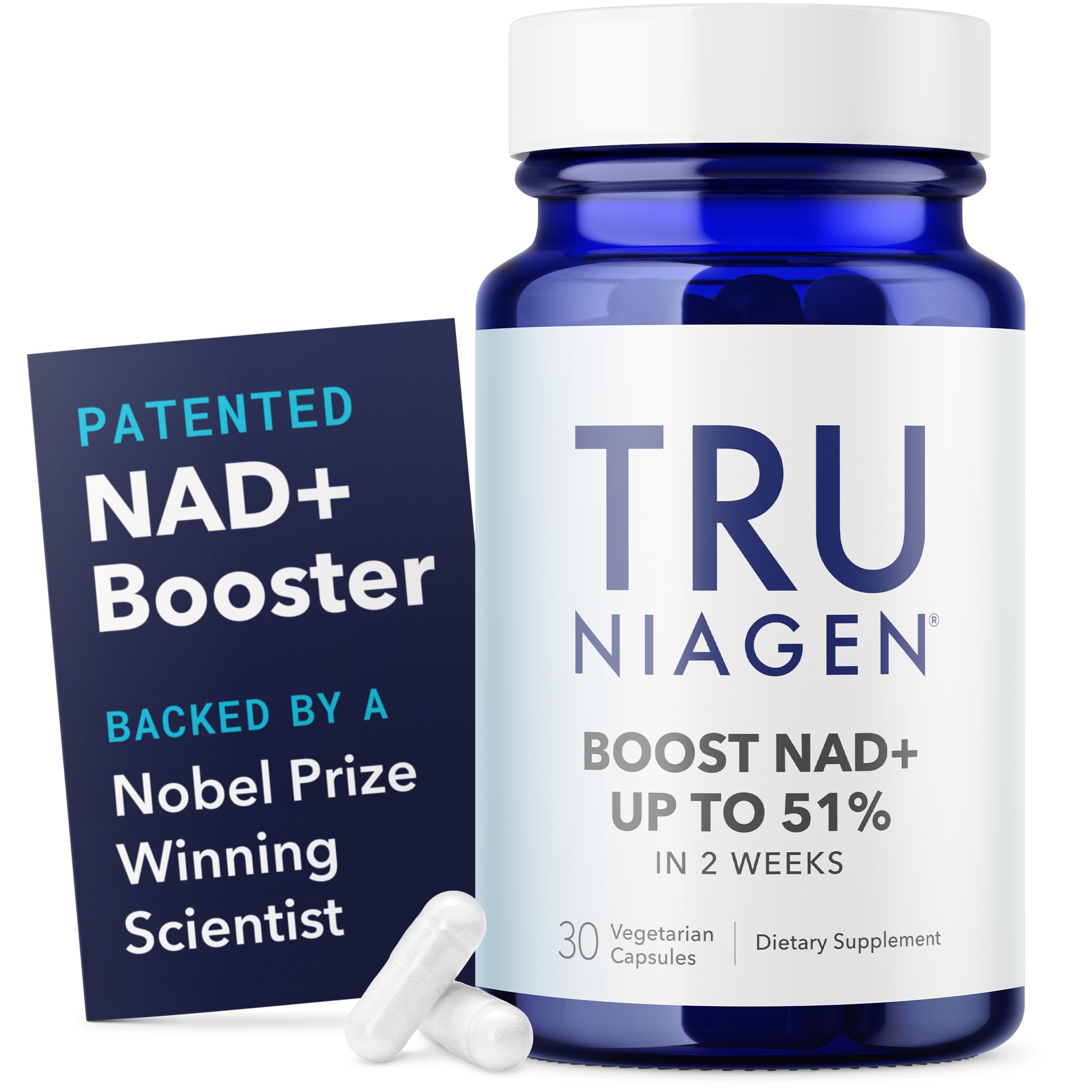 TRU NIAGEN blue bottle of nicotinamide riboside supplement 30 vegetarian capsules with two white pills TRU NIAGEN blue bottle of nicotinamide riboside supplement 30 vegetarian capsules with two white pills