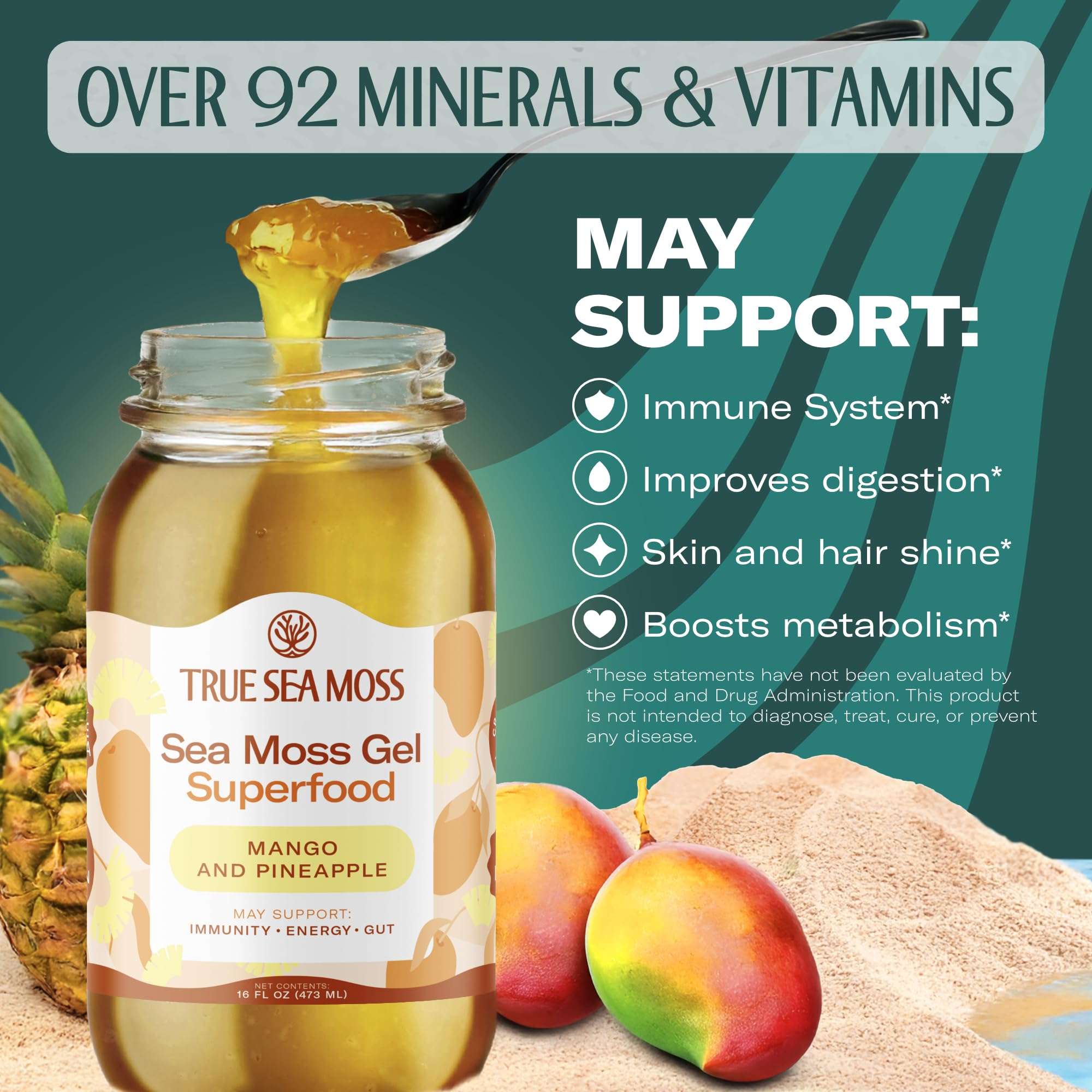 TrueSeaMoss jar of sea moss gel mango pineapple with spoon mangoes and pineapple fruits on display TrueSeaMoss jar of sea moss gel mango pineapple with spoon mangoes and pineapple fruits on display