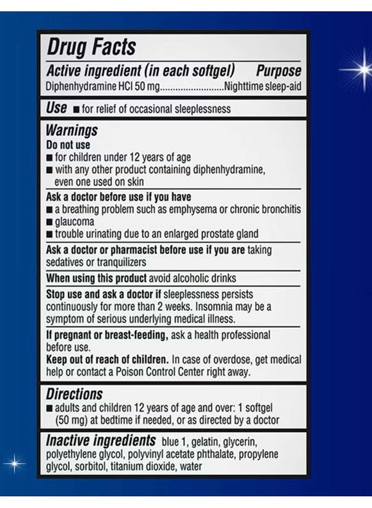 Unisom Nighttime Sleep Aid drug facts label detailing usage and warnings for occasional sleeplessness Unisom Nighttime Sleep Aid drug facts label detailing usage and warnings for occasional sleeplessness