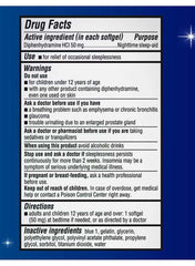 Unisom Nighttime Sleep Aid drug facts label detailing usage and warnings for occasional sleeplessness Unisom Nighttime Sleep Aid drug facts label detailing usage and warnings for occasional sleeplessness