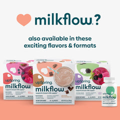 UpSpring milkflow product display with boxes and bottle featuring chocolate lactation supplement drink and other flavors UpSpring milkflow product display with boxes and bottle featuring chocolate lactation supplement drink and other flavors