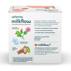UpSpring milkflow chocolate lactation supplement drink mix box with fenugreek and chocolate pieces UpSpring milkflow chocolate lactation supplement drink mix box with fenugreek and chocolate pieces