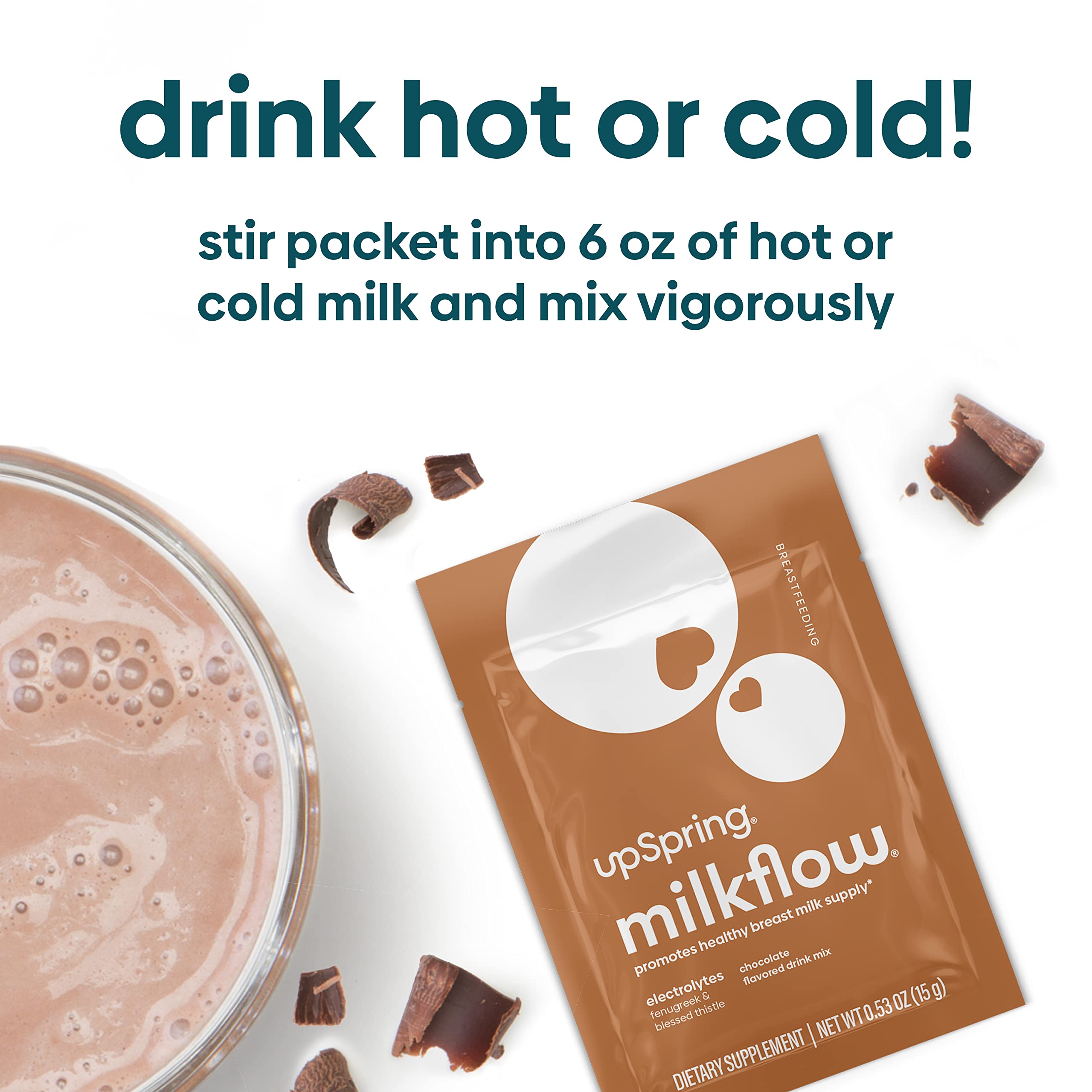 UpSpring milkflow packet and glass of chocolate lactation supplement drink with chocolate pieces UpSpring milkflow packet and glass of chocolate lactation supplement drink with chocolate pieces