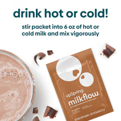 UpSpring milkflow packet and glass of chocolate lactation supplement drink with chocolate pieces UpSpring milkflow packet and glass of chocolate lactation supplement drink with chocolate pieces