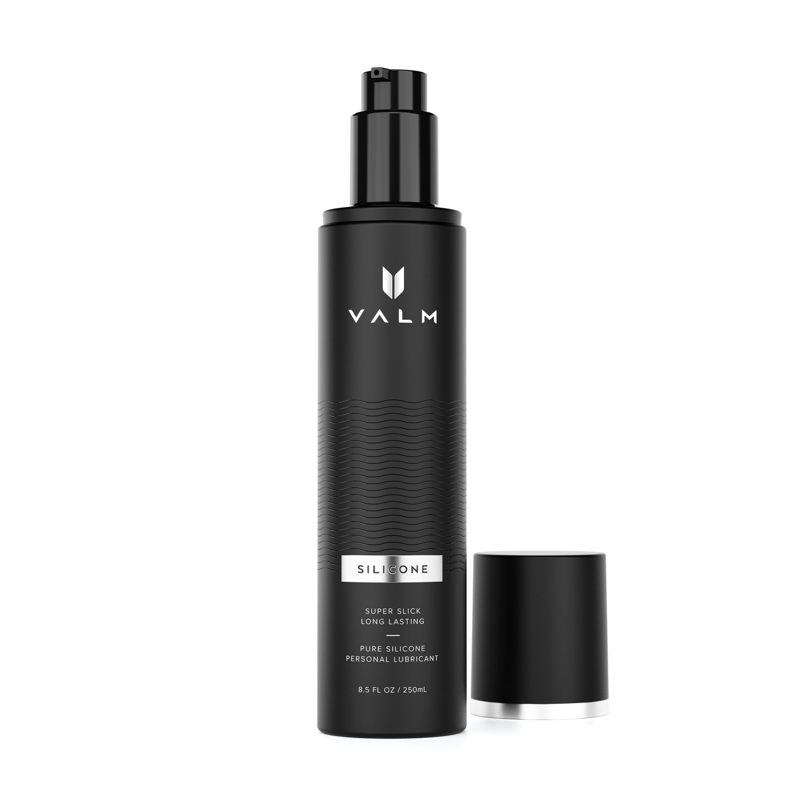 Valm black pump bottle of silicone based personal lubricant with removable cap and minimalist label Valm black pump bottle of silicone based personal lubricant with removable cap and minimalist label