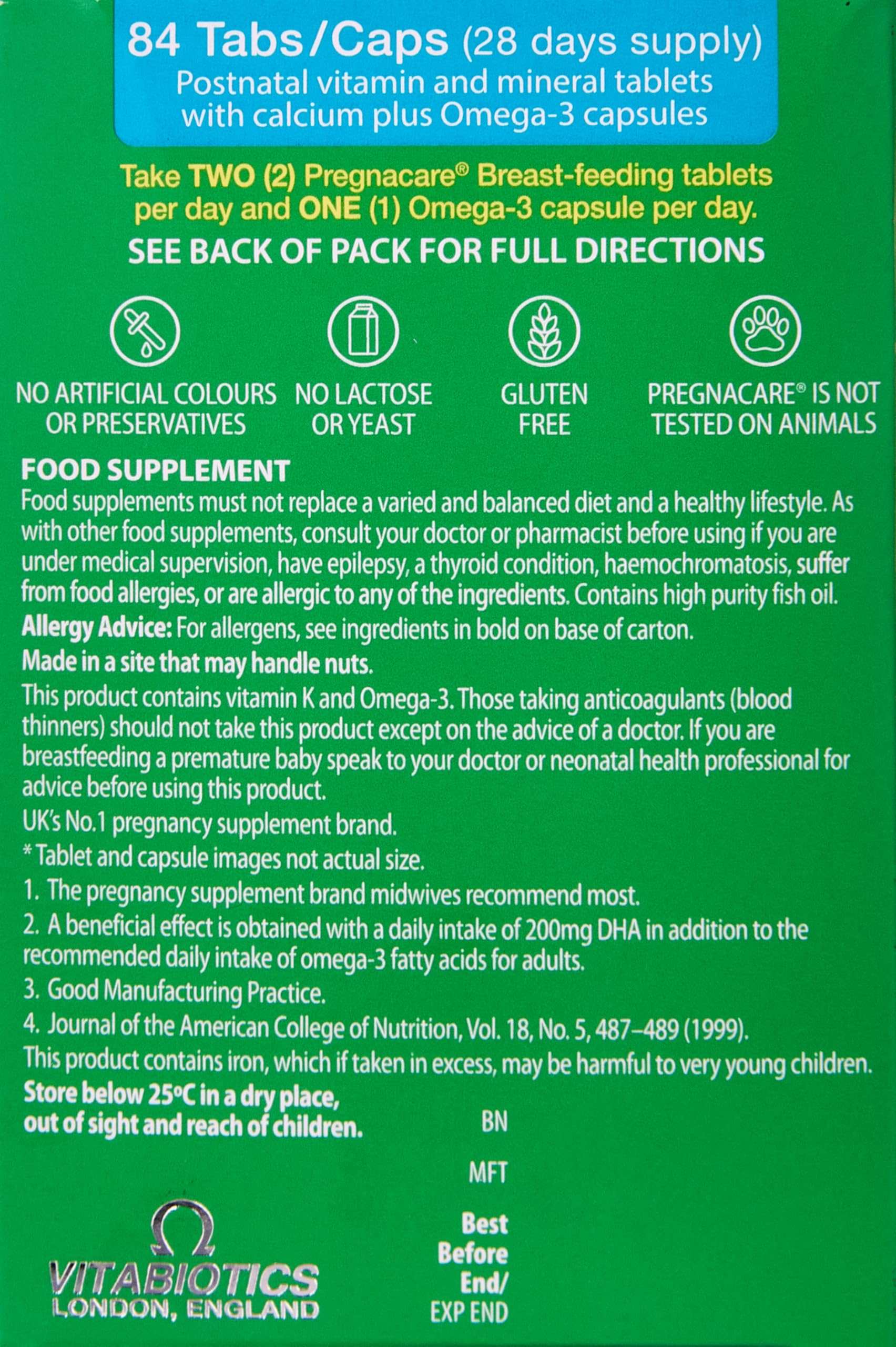 Vitabiotics Pregnacare breastfeeding supplements UAE postnatal vitamins 84 tabs with calcium and omega 3 back label Vitabiotics Pregnacare breastfeeding supplements UAE postnatal vitamins 84 tabs with calcium and omega 3 back label