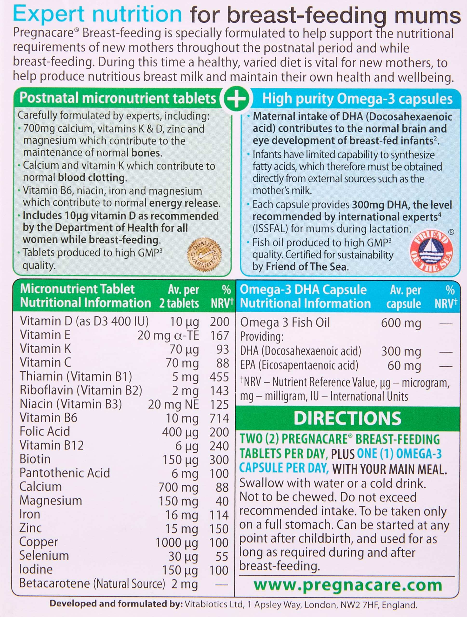 Vitabiotics Pregnacare breastfeeding supplements UAE pack showing micronutrient tablet and Omega 3 DHA capsules info Vitabiotics Pregnacare breastfeeding supplements UAE pack showing micronutrient tablet and Omega 3 DHA capsules info