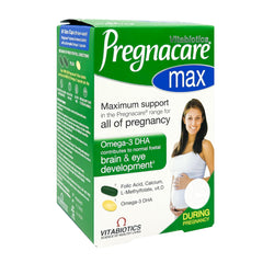 Vitabiotics Pregnacare Max pregnancy supplements box green white showing pregnant woman and Omega 3 DHA Vitabiotics Pregnacare Max pregnancy supplements box green white showing pregnant woman and Omega 3 DHA