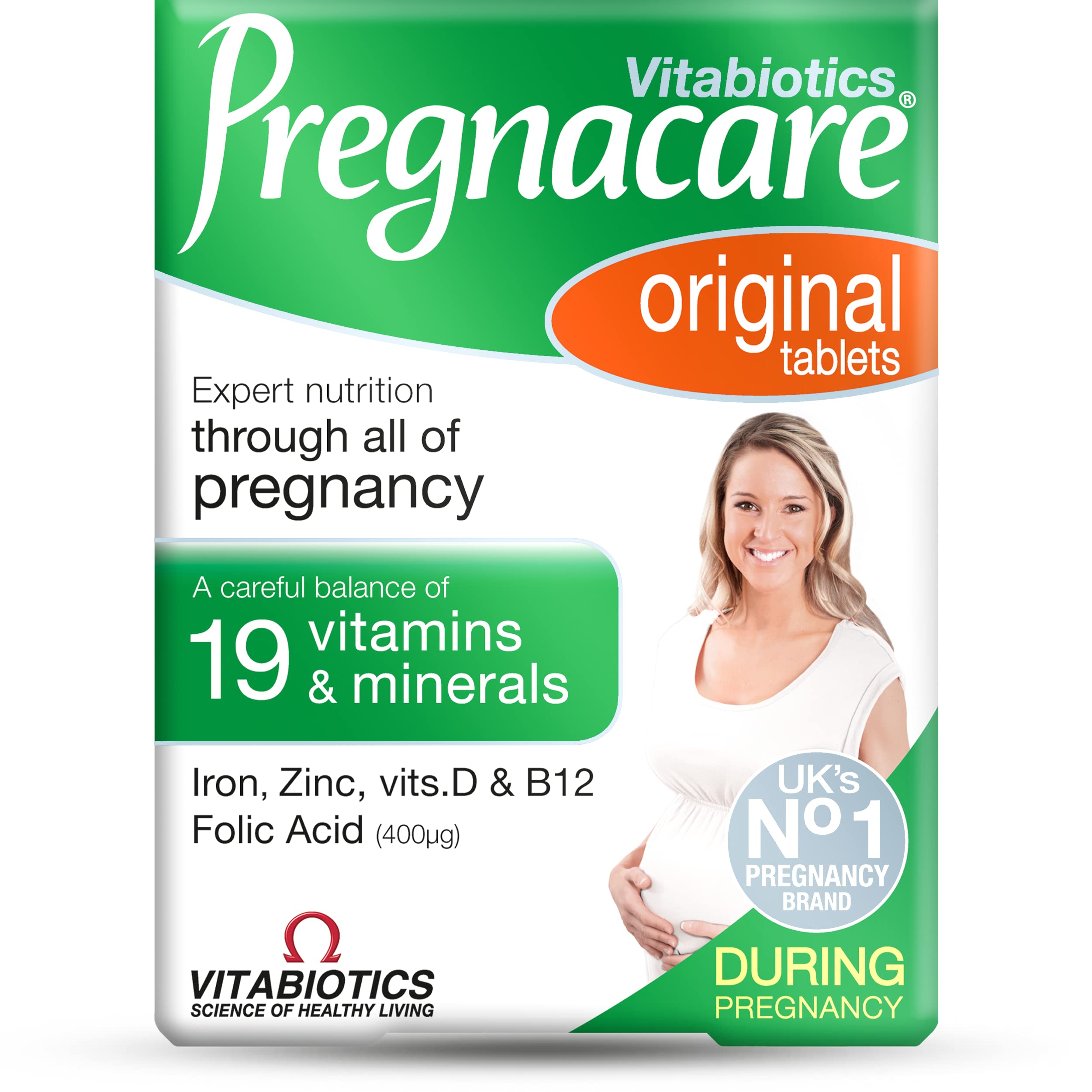 Box of Pregnacare Vitabiotics Original pregnancy vitamins with 19 vitamins and minerals and pregnant woman Box of Pregnacare Vitabiotics Original pregnancy vitamins with 19 vitamins and minerals and pregnant woman