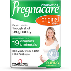 Box of Pregnacare Vitabiotics Original pregnancy vitamins with 19 vitamins and minerals and pregnant woman Box of Pregnacare Vitabiotics Original pregnancy vitamins with 19 vitamins and minerals and pregnant woman