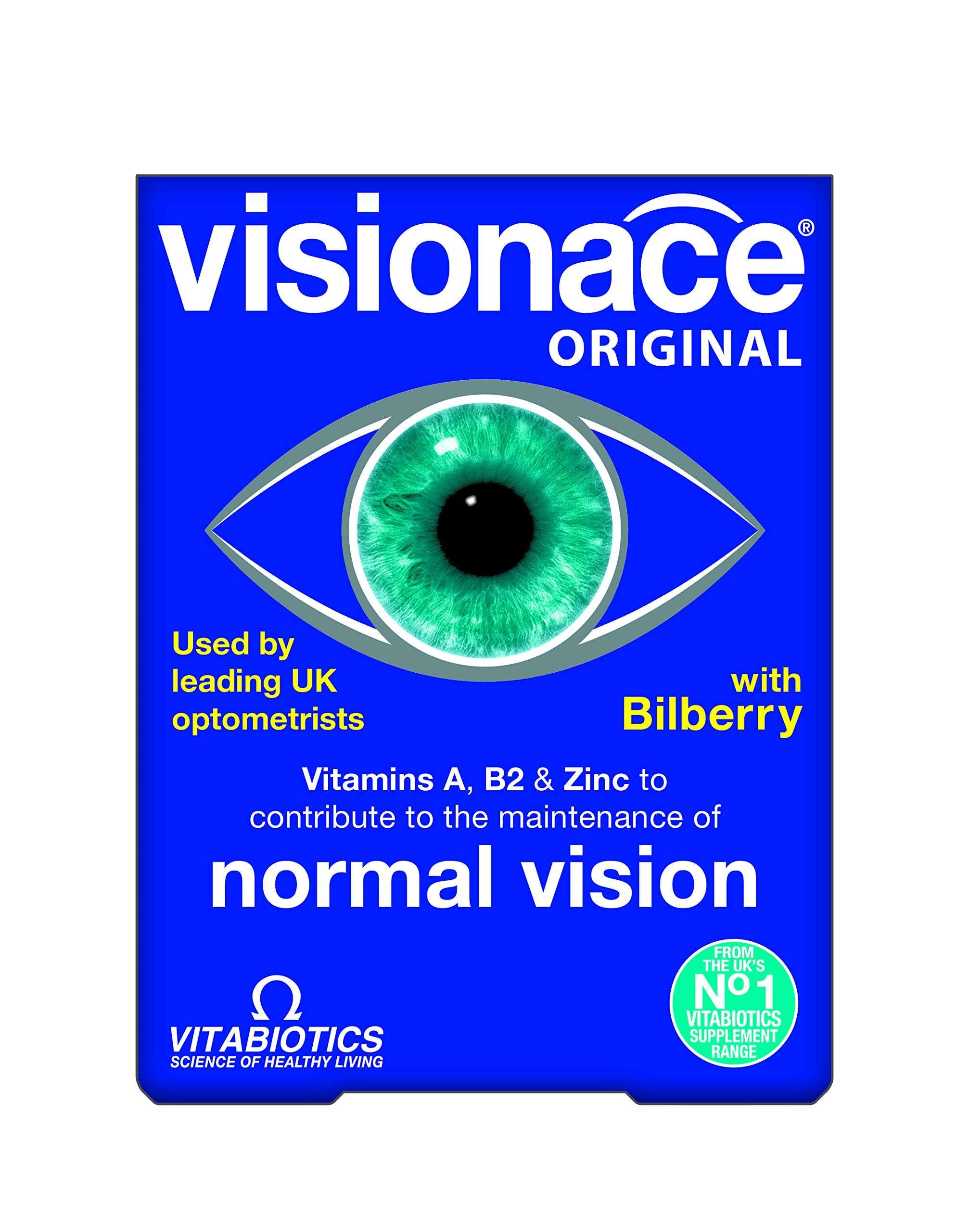 Visionace Vitabiotics for eye health. Blue Visionace Original supplement box with green iris and Bilberry text Visionace Vitabiotics for eye health. Blue Visionace Original supplement box with green iris and Bilberry text