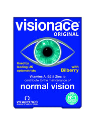 Visionace Vitabiotics for eye health. Blue Visionace Original supplement box with green iris and Bilberry text Visionace Vitabiotics for eye health. Blue Visionace Original supplement box with green iris and Bilberry text