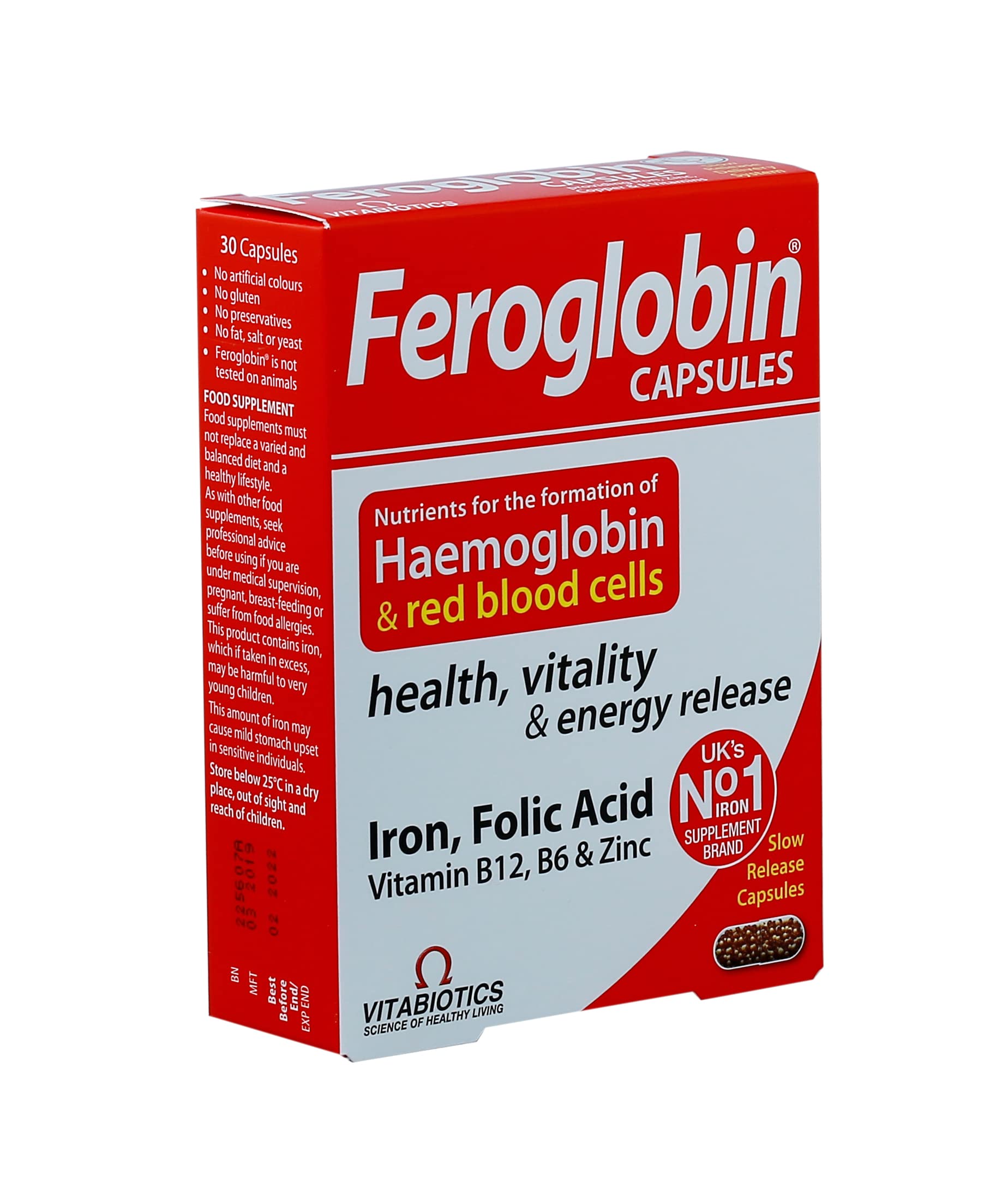 Box of Vitabiotics Feroglobin iron supplement capsules in red white packaging with iron folic acid and B12 Box of Vitabiotics Feroglobin iron supplement capsules in red white packaging with iron folic acid and B12