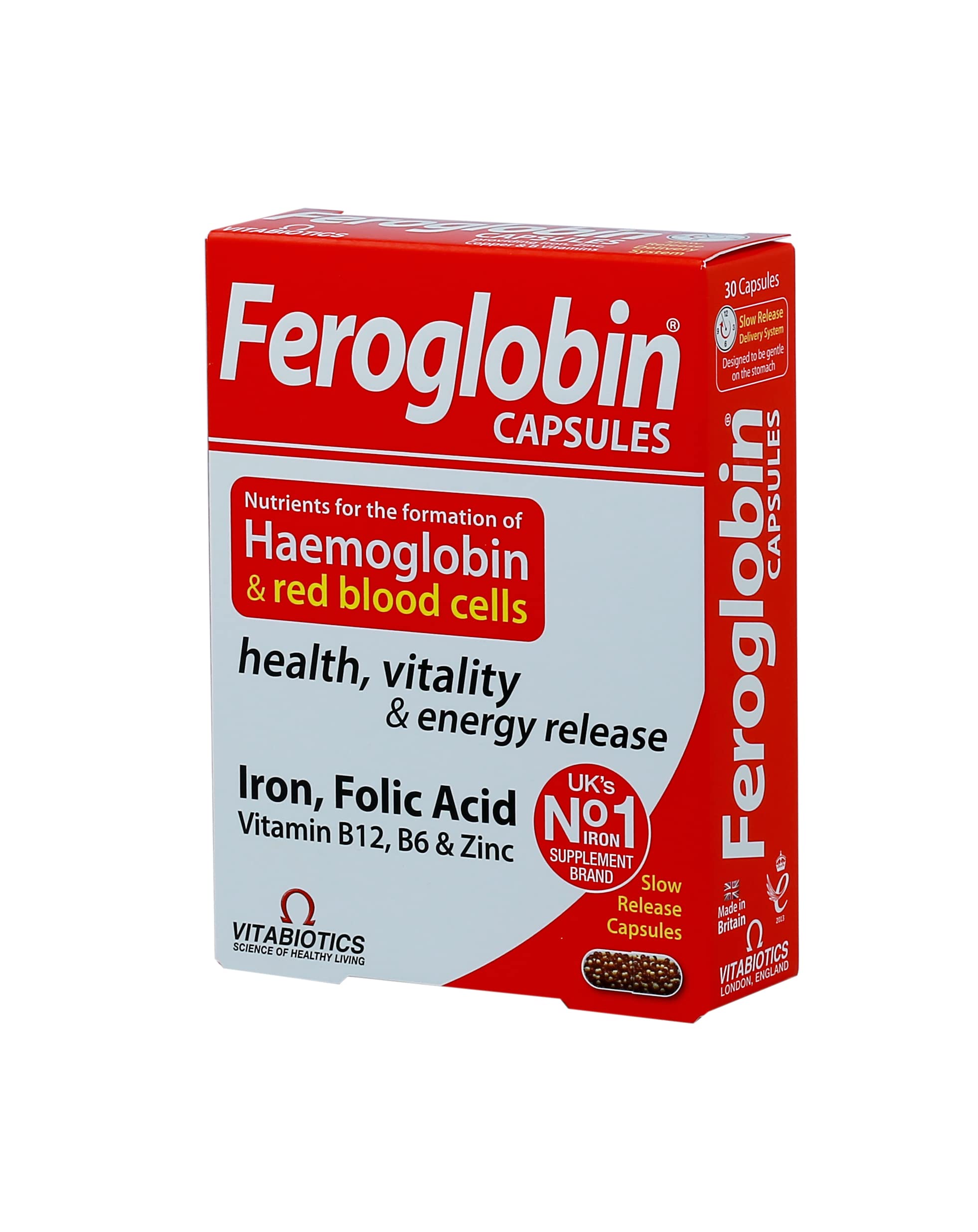 Red and white box of Feroglobin capsules by Vitabiotics showing iron folic acid label Vitabiotics Feroglobin iron supplement Red and white box of Feroglobin capsules by Vitabiotics showing iron folic acid label Vitabiotics Feroglobin iron supplement