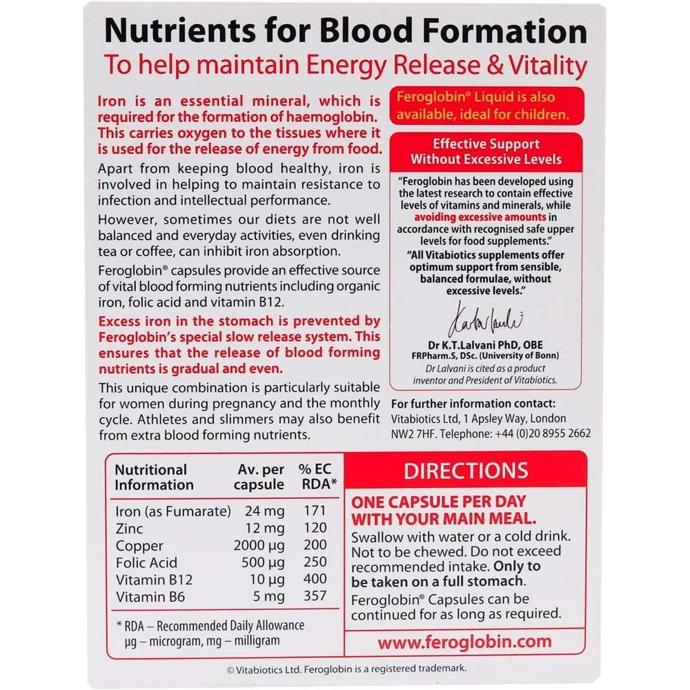 Vitabiotics Feroglobin iron supplement bottle back label showing nutrients for blood formation and directions Vitabiotics Feroglobin iron supplement bottle back label showing nutrients for blood formation and directions