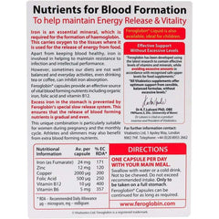 Vitabiotics Feroglobin iron supplement bottle back label showing nutrients for blood formation and directions Vitabiotics Feroglobin iron supplement bottle back label showing nutrients for blood formation and directions