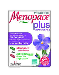Box of Vitabiotics Menopace Plus tablets. Botanical menopause supplement with green tea and sage extract Box of Vitabiotics Menopace Plus tablets. Botanical menopause supplement with green tea and sage extract