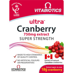 Vitabiotics Ultra Cranberry 750mg tablets UAE box showing super strength cranberry extract with berries and quality icons Vitabiotics Ultra Cranberry 750mg tablets UAE box showing super strength cranberry extract with berries and quality icons