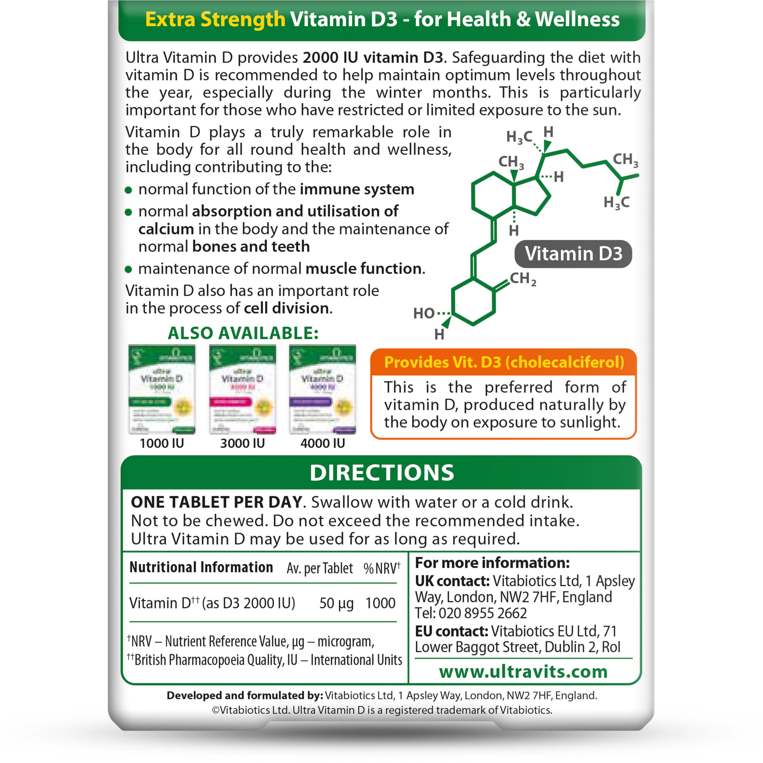 Vitabiotics Ultra box showing vitamin D3 2000iu tablets label with benefits directions and chemical structure diagram Vitabiotics Ultra box showing vitamin D3 2000iu tablets label with benefits directions and chemical structure diagram