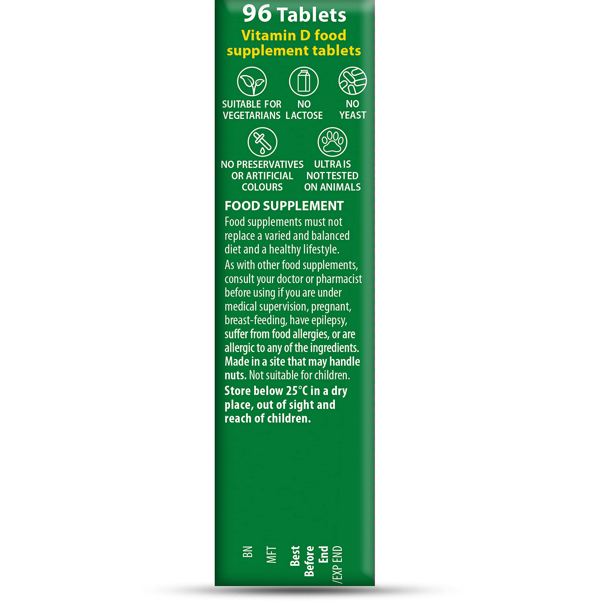 Vitabiotics Ultra green box back with 96 tablets label and icons supplement details and warnings vitamin D3 2000iu tablets Vitabiotics Ultra green box back with 96 tablets label and icons supplement details and warnings vitamin D3 2000iu tablets
