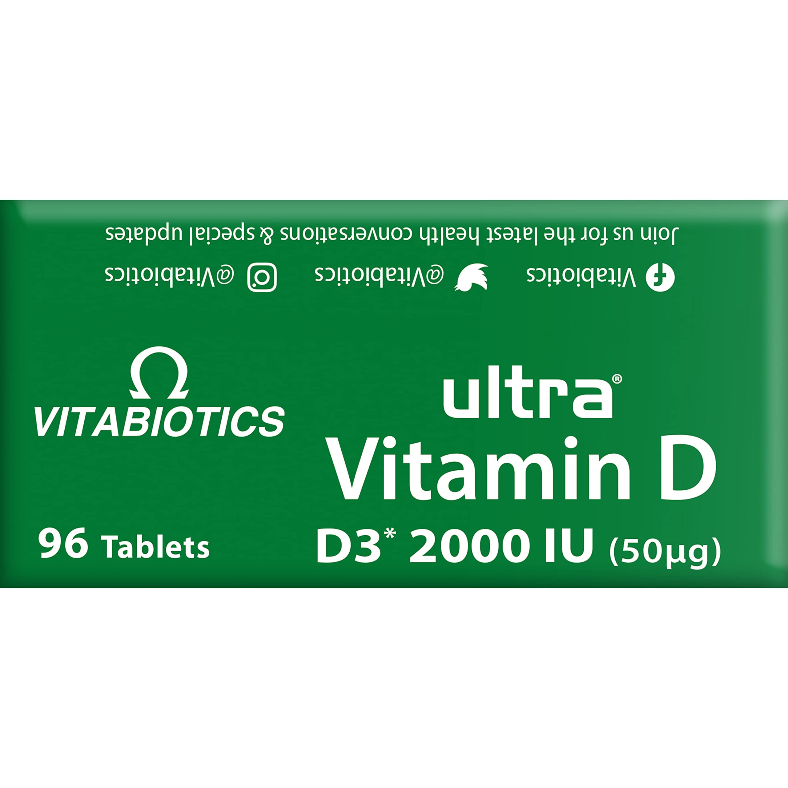 Vitabiotics Ultra Vitamin D label on green pack showing 96 tablets and vitamin D3 2000iu tablets for bone and immune support Vitabiotics Ultra Vitamin D label on green pack showing 96 tablets and vitamin D3 2000iu tablets for bone and immune support
