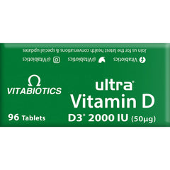 Vitabiotics Ultra Vitamin D label on green pack showing 96 tablets and vitamin D3 2000iu tablets for bone and immune support Vitabiotics Ultra Vitamin D label on green pack showing 96 tablets and vitamin D3 2000iu tablets for bone and immune support