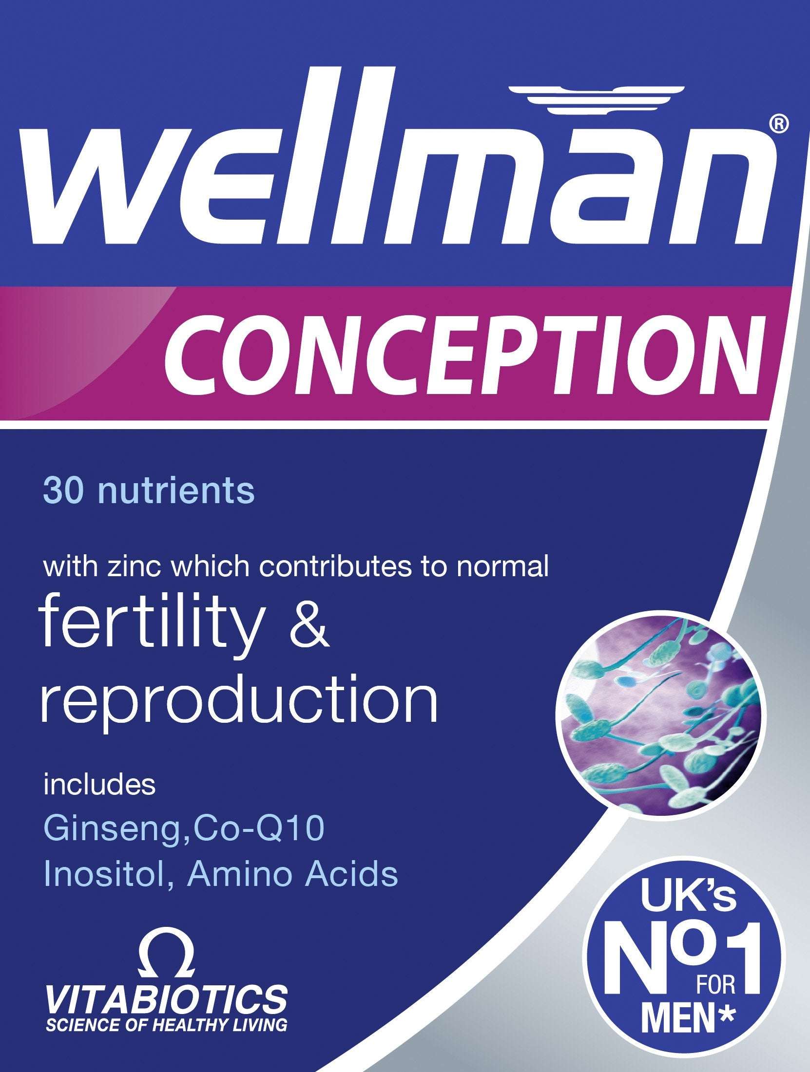 Wellman Conception Tablets for Men Vitabiotics box showing fertility support formula with 30 nutrients and zinc Wellman Conception Tablets for Men Vitabiotics box showing fertility support formula with 30 nutrients and zinc