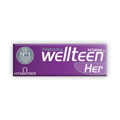 Purple Wellteen Her supplement box showing Vitabiotics branding and quantity 30 tablets wellteen vitabiotics her 30 tablets Purple Wellteen Her supplement box showing Vitabiotics branding and quantity 30 tablets wellteen vitabiotics her 30 tablets
