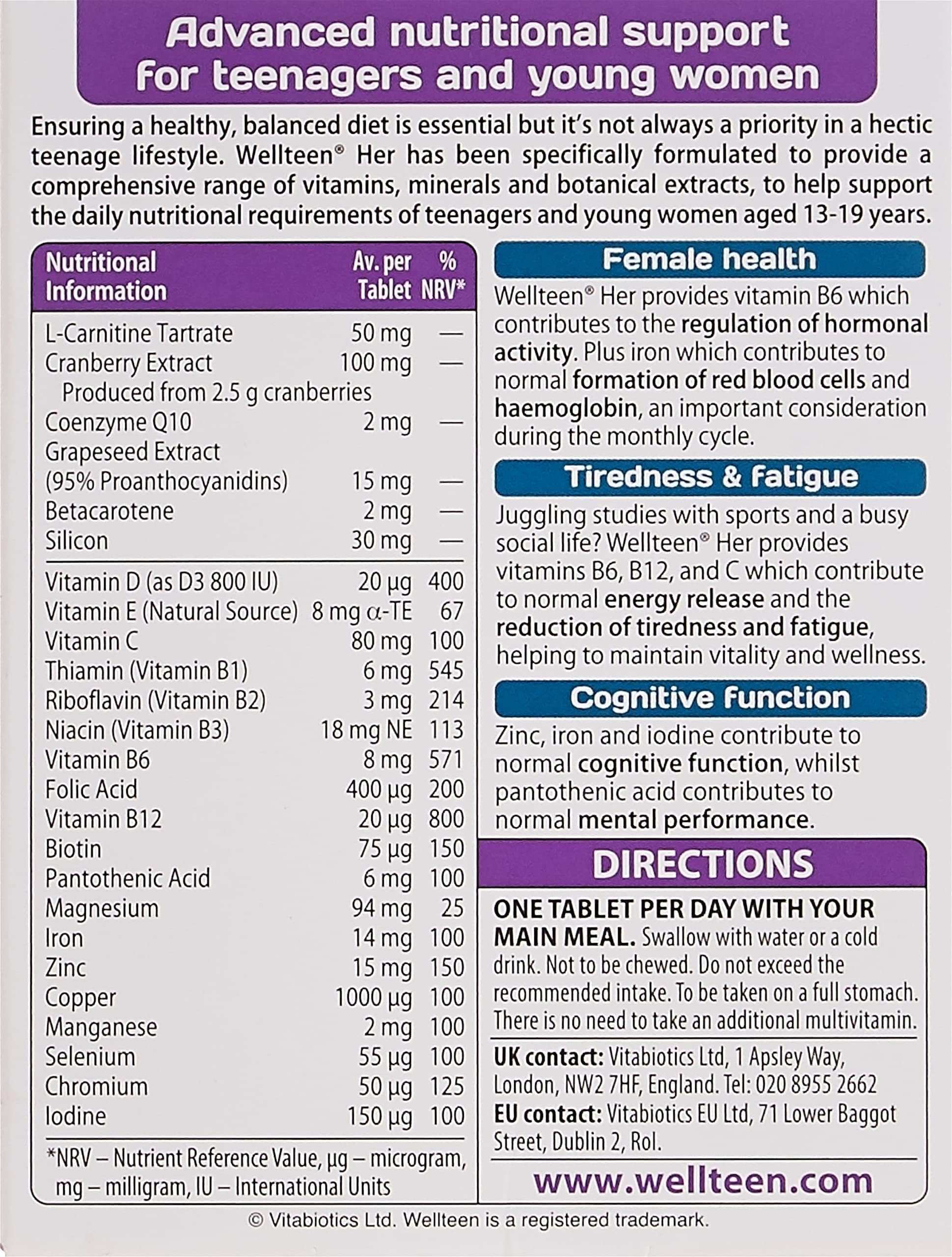 wellteen vitabiotics her 30 tablets supplement label showing ingredients directions and benefits for teenage girls wellteen vitabiotics her 30 tablets supplement label showing ingredients directions and benefits for teenage girls