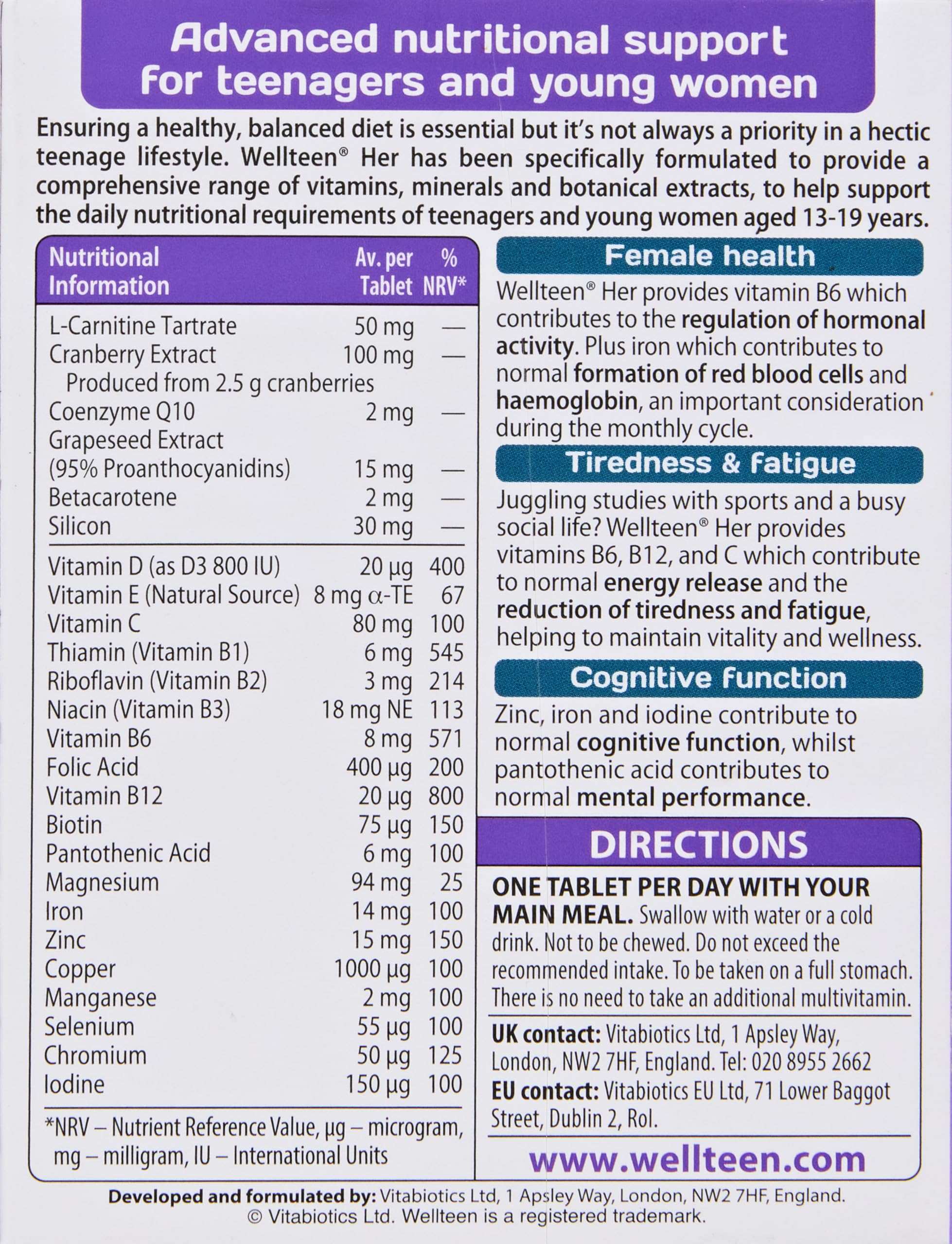 wellteen vitabiotics her 30 tablets supplement box label showing nutritional information and directions for teenage girls wellteen vitabiotics her 30 tablets supplement box label showing nutritional information and directions for teenage girls