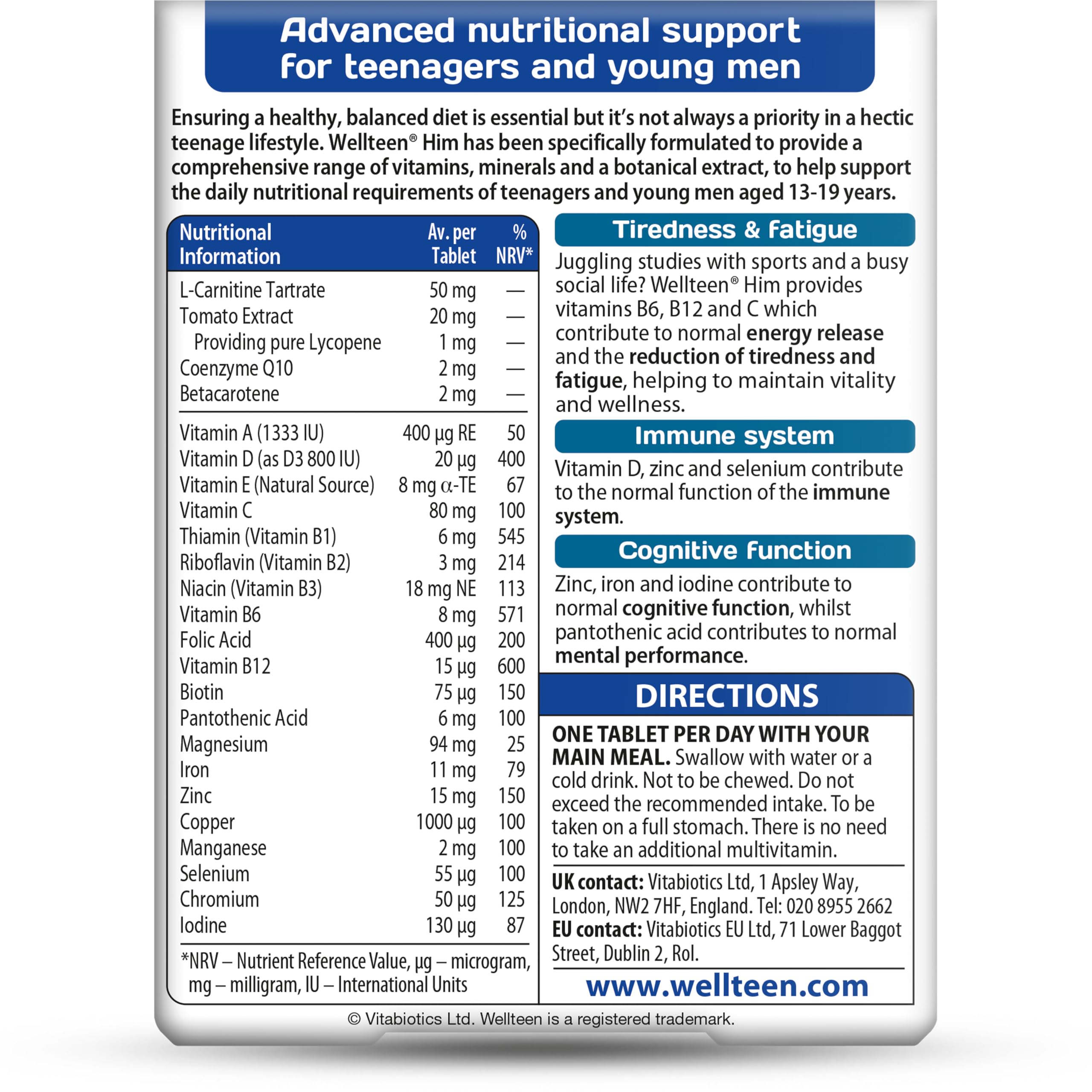 Wellteen Vitabiotics Him vitamins pack back label showing nutritional table and usage directions for teenage men Wellteen Vitabiotics Him vitamins pack back label showing nutritional table and usage directions for teenage men