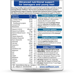 Wellteen Vitabiotics Him vitamins pack back label showing nutritional table and usage directions for teenage men Wellteen Vitabiotics Him vitamins pack back label showing nutritional table and usage directions for teenage men