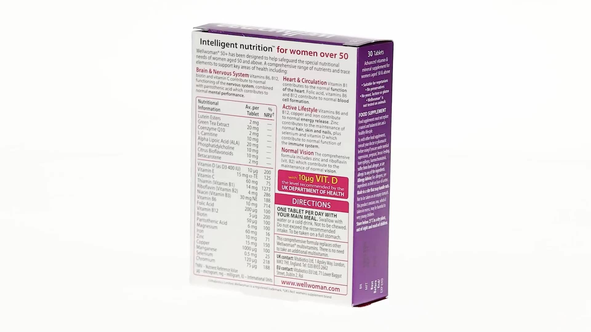 Wellwoman 50 plus vitamins box back panel showing supplement facts directions and purple branded packaging Wellwoman 50 plus vitamins box back panel showing supplement facts directions and purple branded packaging