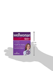 Wellwoman 50 plus vitamins purple supplement box for women health and vitality 26 nutrients front view Wellwoman 50 plus vitamins purple supplement box for women health and vitality 26 nutrients front view